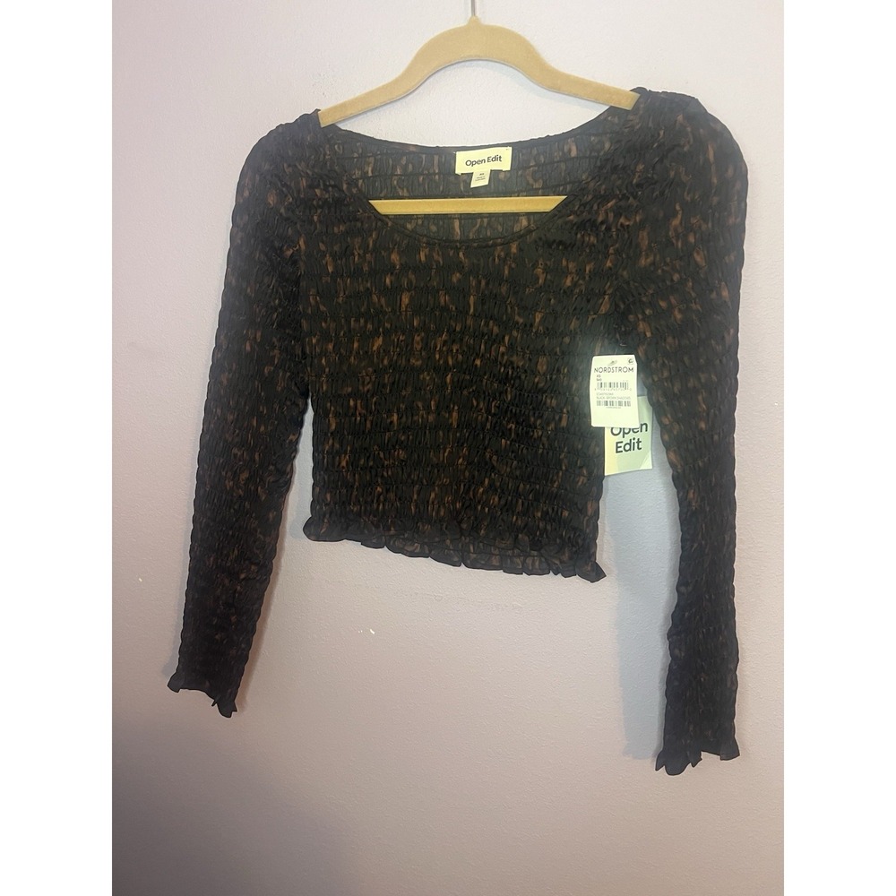 Open Edit Black Brown Smocked Top Blouse Size XS New Romantic